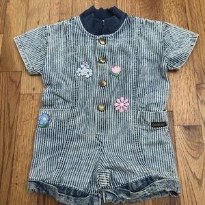 Vintage OshKosh B’gosh Railroad Stripe Floral Patch Shortalls • 6–9M Toddler
